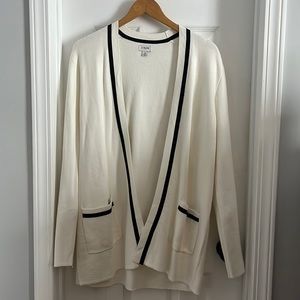 J Crew open white cotton cardigan, mid thigh with navy detailing
